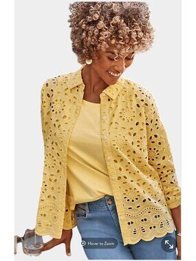 J. Jill Yellow Eyelet ButtonUp Shirt XL 100% Cotton Scalloped Hem Coastal Preppy